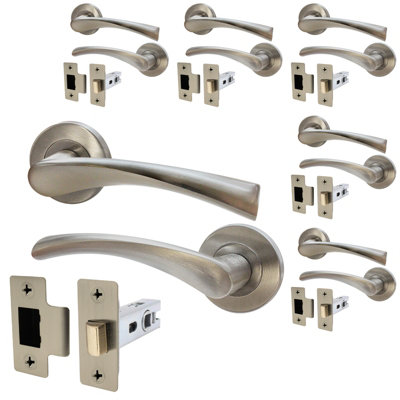 AFIT Satin Nickel Door Handle Latch Set Pack of 6 Internal Door Handles & Latch 66mm Novi Range