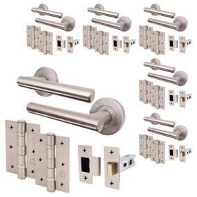 AFIT Satin Nickel Door Handle Latch set, Pack of 6 - Round T-Bar Internal Door Handles, Latch (66mm), Hinges (76mm) Satin Lever
