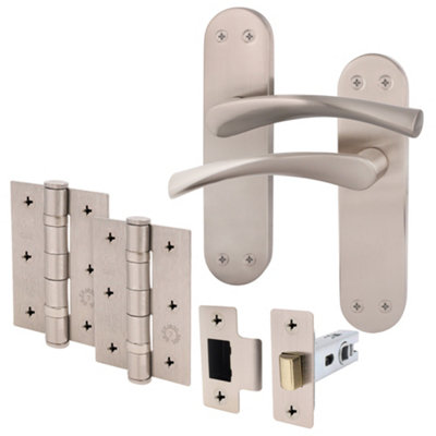 AFIT Satin Nickel Door Handle Set - Door Handles, Latch (64mm) & Hinges (76mm) - Novi Backplate Range