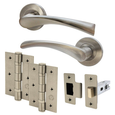 AFIT Satin Nickel Door Handle Set - Includes Door Handles, Latch (64mm) & Hinges (76mm) - Novi Range