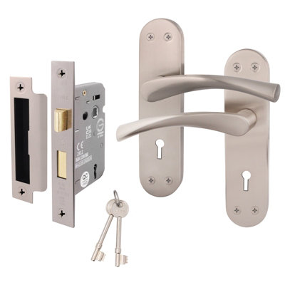 AFIT Satin Nickel Door Handle Set - Includes Lock Door Handles & Lock (64mm) - Novi Backplate Range