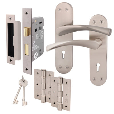 AFIT Satin Nickel Door Handle Set - Lock Door Handles, Lock (64mm) & Hinges 76mm - Novi Backplate Range