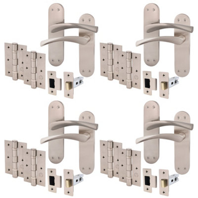 AFIT Satin Nickel Door Handle Set - Pack 4 - Door Handles, Latch (64mm) & Hinges (76mm) - Novi Backplate Range