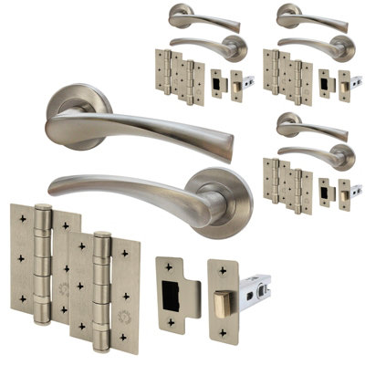 AFIT Satin Nickel Door Handle Set - Pack 4 - Includes Door Handles, Latch (64mm) & Hinges (76mm) - Novi Range