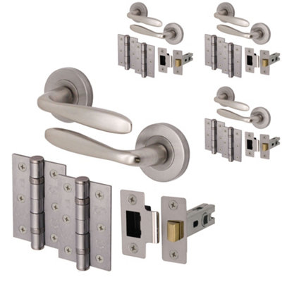 AFIT Satin Nickel Door Handle Set - Pack 4 - Includes Door Handles, Latch (64mm) & Hinges (76mm) - Santeau Range Price Comparisons | Compare The Build