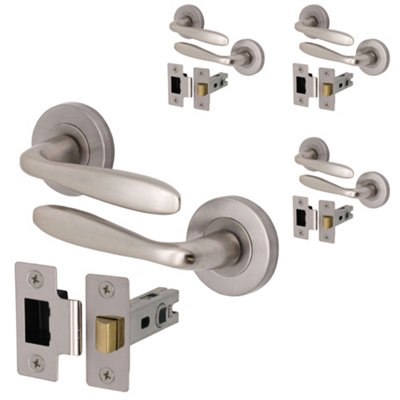 AFIT Satin Nickel Door Handle Set - Pack 4 - Includes Door Handles, Latch (64mm) & Hinges (76mm) - Santeau Range Price Comparisons | Compare The Build