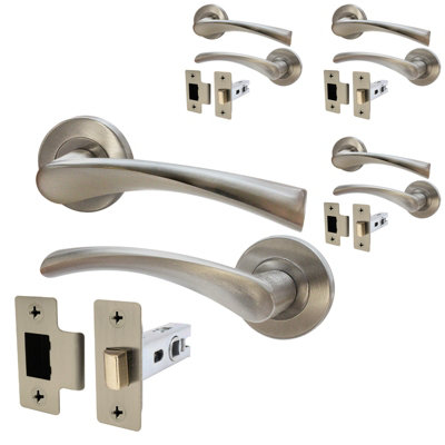 AFIT Satin Nickel Door Handle Set - Pack 4 - Includes Door Handles & Latch (64mm) - Novi Range