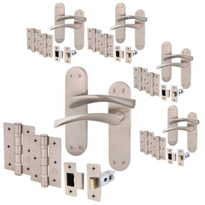 AFIT Satin Nickel Door Handle Set - Pack 5 - Door Handles, Latch (64mm) & Hinges (76mm) - Novi Backplate Range