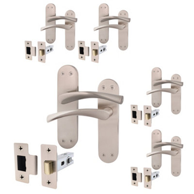 AFIT Satin Nickel Door Handle Set - Pack 5 - Door Handles & Latch (64mm) - Novi Backplate Range