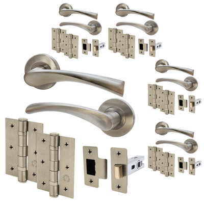 AFIT Satin Nickel Door Handle Set - Pack 5 - Includes Door Handles, Latch (64mm) & Hinges (76mm) - Novi Range