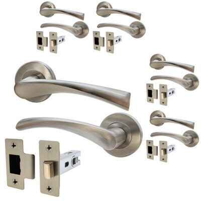 AFIT Satin Nickel Door Handle Set - Pack 5 - Includes Door Handles & Latch (64mm) - Novi Range