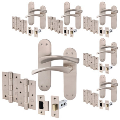 AFIT Satin Nickel Door Handle Set - Pack 6 - Door Handles, Latch (64mm) & Hinges (76mm) - Novi Backplate Range