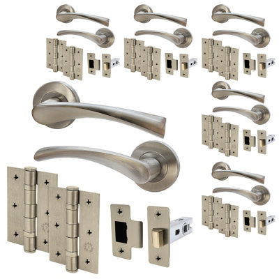 AFIT Satin Nickel Door Handle Set - Pack 6 - Includes Door Handles, Latch (64mm) & Hinges (76mm) - Novi Range