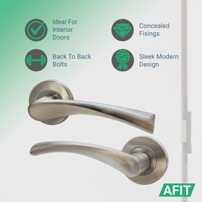 AFIT Satin Nickel Door Handle Set - Pack 6 - Includes Door Handles, Latch (64mm) & Hinges (76mm) - Novi Range