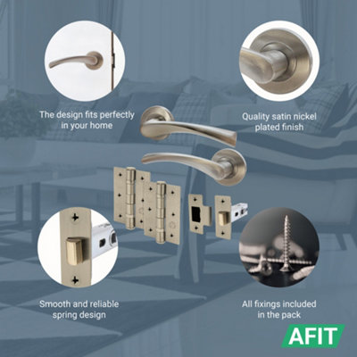 AFIT Satin Nickel Door Handle Set - Pack 6 - Includes Door Handles, Latch (64mm) & Hinges (76mm) - Novi Range