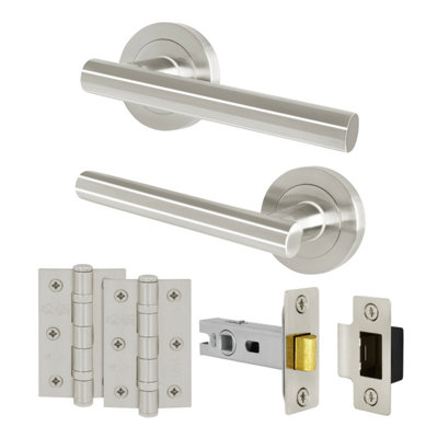 AFIT Satin Nickel Door Handles Round Rose Latch Kit, 1 Pair Internal Lever Handles, Latch 64mm and Hinges - Olvera