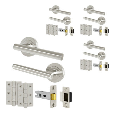 AFIT Satin Nickel Door Handles Round Rose Latch Kit, 4 Pairs Internal Lever Handles, Latches 64mm and Hinges - Olvera