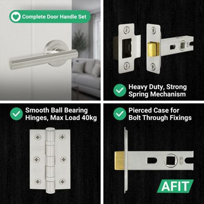 AFIT Satin Nickel Door Handles Round Rose Latch Kit, 4 Pairs Internal Lever Handles, Latches 64mm and Hinges - Olvera