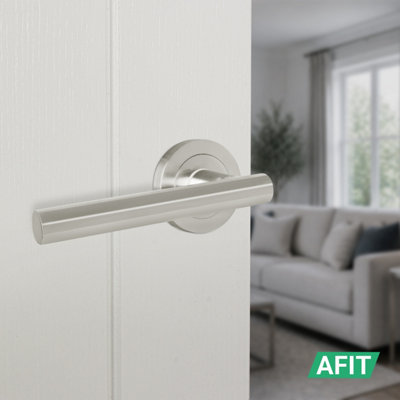 AFIT Satin Nickel Door Handles Round Rose Latch Kit, 4 Pairs Internal Lever Handles, Latches 64mm and Hinges - Olvera