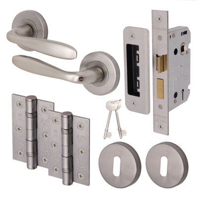 AFIT Satin Nickel Key Lock Door Handle Set - 64mm Lock, 76mm Hinges & 2 Escutcheons - Santeau Range