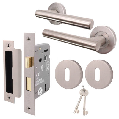 AFIT Satin Nickel Key Lock Door Handle Set - Handles, Sash Lock & 2 Escutcheons - Olvera Range