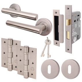 AFIT Satin Nickel Key Lock Door Handle Set Round T-Bar Internal Door Handles, Sash Lock, Hinges (76mm) & 2 Escutcheons Olvera