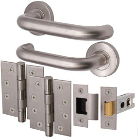 AFIT Satin Stainless Steel Return To Door Lever on Rose Handle Latch Kit - 102mm Hinges 66mm Latch