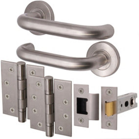 AFIT Satin Stainless Steel Return To Door Lever on Rose Handle Latch Kit - 102mm Hinges 76mm Latch