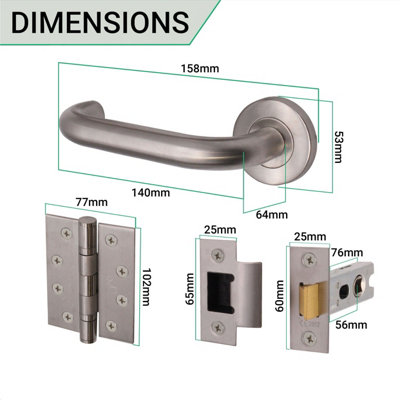 AFIT Satin Stainless Steel Return To Door Lever on Rose Handle Latch Kit - 102mm Hinges 76mm Latch