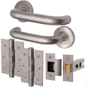 AFIT Satin Stainless Steel Return To Door Lever on Rose Handle Latch Kit - 76mm Hinges 66mm Latch