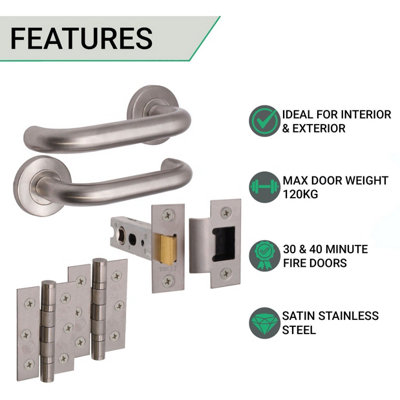 AFIT Satin Stainless Steel Return To Door Lever on Rose Handle Latch Kit - 76mm Hinges 76mm Latch