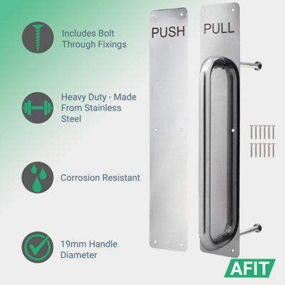 AFIT Stainless Pull Handle on Plate and Engraved PUSH Finger Plate 425 ...