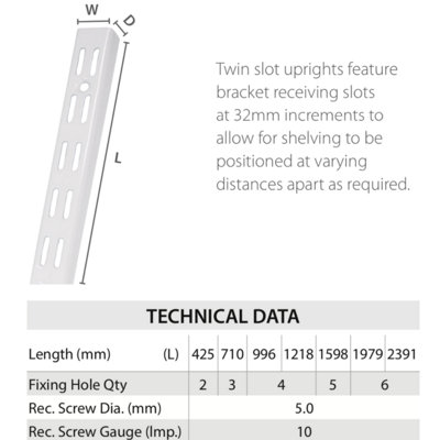 AFIT White Twin Slot Uprights 1220mm - Pack of 2 - 32mm Twin Slot Adjustable Wall Shelving
