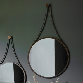 Aged Bronze Round Wall Mirror With Hanging Strap - SE Home