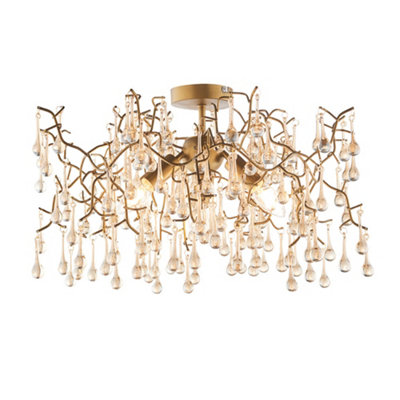 Aged Gold Semi Flush Ceiling Light with Glass Droplets 3 Bulb Low Hanging Light