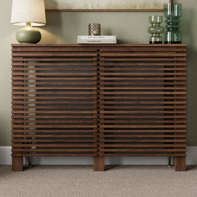 Agnite Radiator Cover Walnut Modern Horizontal Slat Shelves MDF Cabinet ...