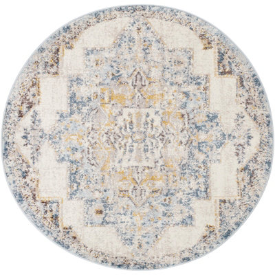 AGRA Round Vintage Traditional Oriental Boho Sky Blue Area Rug 200 x 200 cm