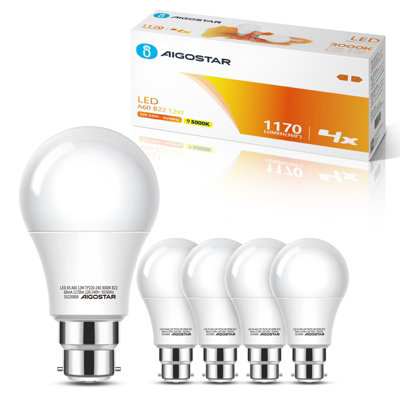 Aigostar Bayonet Light Bulb 12W B22 LED Bulbs Warm White 3000K, 4 Pack