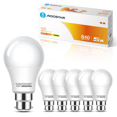 Aigostar Bayonet Light Bulb 9W B22 LED Bulbs Warm White 3000K, 5 Pack