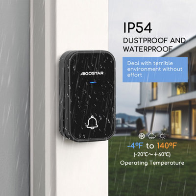 Aigostar Black Wireless Doorbell, IP54 Waterproof Cordless Door Chime Kit with 1 Main Plug in Receiver