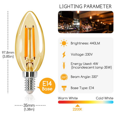 Aigostar E14 LED Light Bulb 4W Warm White 2200K Candle Bulbs Pack of 6