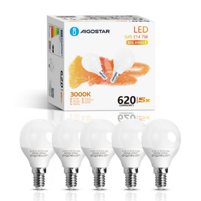 Aigostar E14 Small Edison Screw Golf Ball Bulb G45 Bulbs 7W 3000K Warm White 5PACK BOX