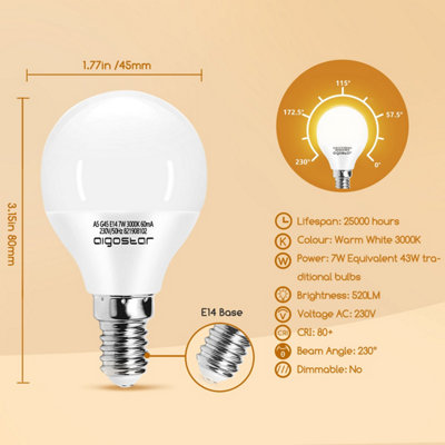 Aigostar E14 Small Edison Screw Golf Ball Bulb G45 SES LED Light Bulbs 7W 3000K Warm White