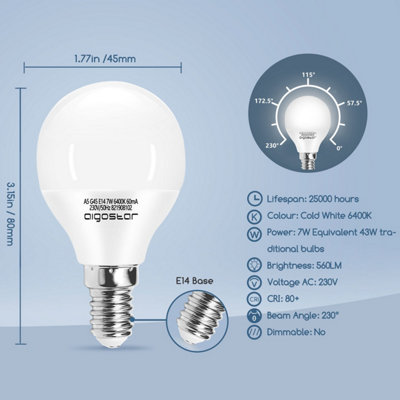 Aigostar E14 Small Edison Screw Golf Ball Bulb G45 SES LED Light Bulbs 7W 6500K Cool White