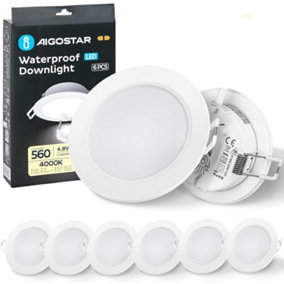 Aigostar IP65 Bathroom Lights, 4.8W 560LM LED Recessed Ceiling Lights 4000K, Pack of 6