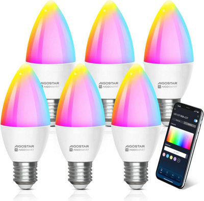 Aigostar Smart Bulb E27 Dimmable RGB+CCT(2700-6500K)LED Bulb, Compatible with Alexa&Google Home C37 Pack of 6