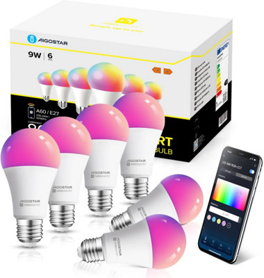 Aigostar Smart Bulb E27 Dimmable RGB+CW(2700-6500K)LED Bulb, Compatible with Alexa&Google Home A60 Pack of 6