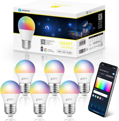 Aigostar Smart Bulb E27 Dimmable RGB+CW(2700-6500K)LED Bulb, Compatible with Alexa&Google Home G45 Pack of 6