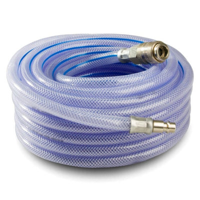 Air Compressor Hose Recoil 8 mm ID x 12 mm OD, Reinforced PVC, Anti Kink, DN 7.2 Brass Quick Coupler and Plug (15 metres / 50 ft)
