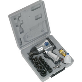Air Impact Wrench Kit - 1/2 Inch Sq Drive - 10 Sockets - 125mm Extension Bar